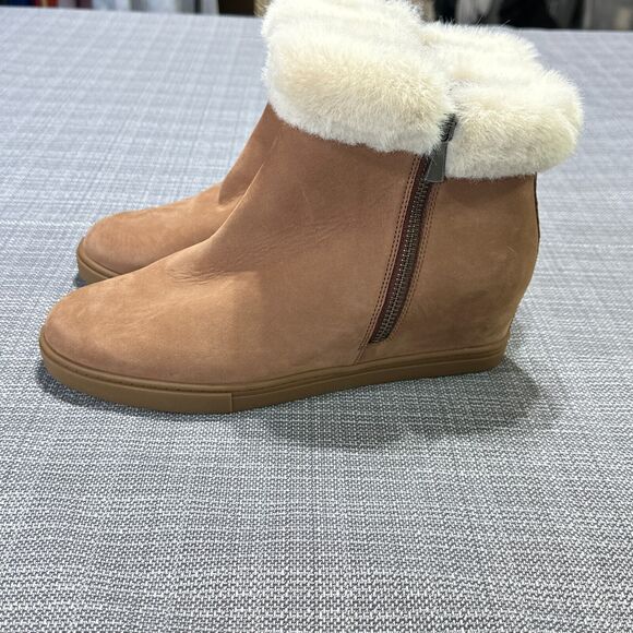 Linea Paolo Ankle Boots Womens size 9.5 Tan Top Faux Fur Hidden Wedge Side Zip - Picture 4 of 6